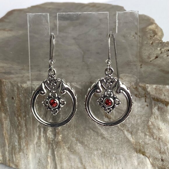 Sterling Silver 925 SX Thailand Garnet Scrollwork Dangle Drop Earrings - Picture 2 of 16